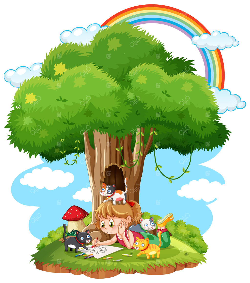 دختری با حیوانات زیر درخت