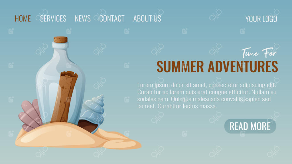 تصویر وکتور بطری شیشه‌ای با نقشه گنج قدیمی و صدف مخروطی شکل در شن‌ها