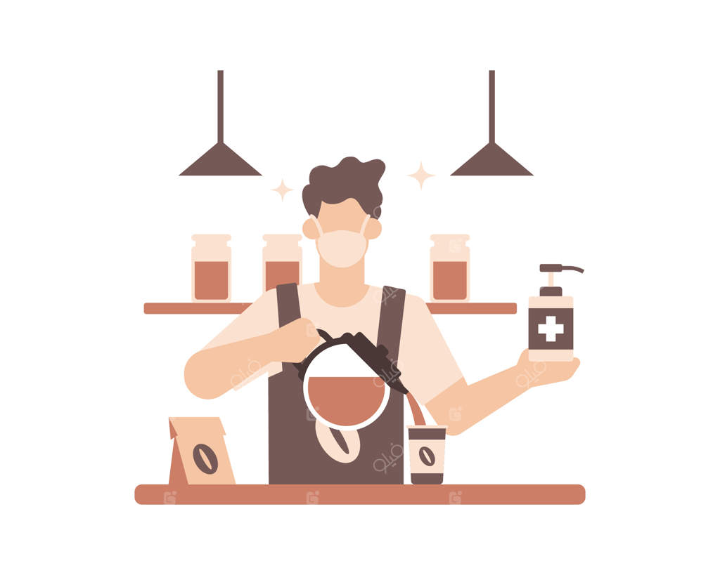 نقاشی از باریستا یا کافی‌شاپی که با استفاده از ماسک صورت و ضدعفونی دست‌ها به پروتکل‌های بهداشتی عمل می‌کند