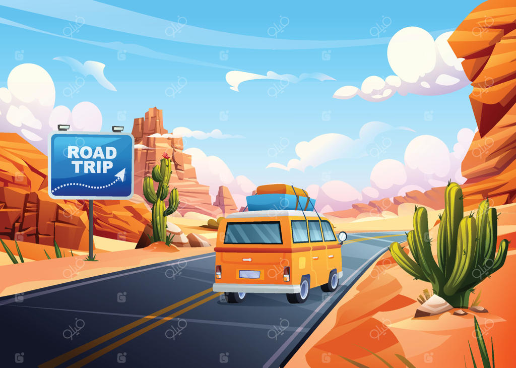 تعطیلات جاده‌ای با ماشین در جاده‌ای کویری و مناظری از کاکتوس‌ها و صخره‌ها - تصویر کارتونی