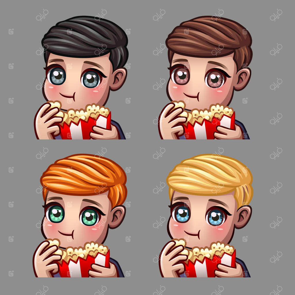 آیکون‌های احساسی: مرد خوشحال در حال خوردن پاپ‌کورن برای شبکه‌های اجتماعی و برچسب‌ها