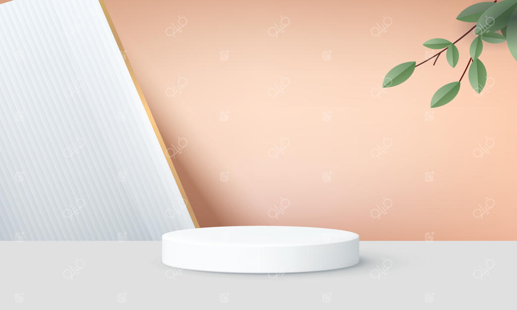 سکوی سفید نمایش محصول: طراحی مینیمال با پس‌زمینه گیاهان طبیعی برای مدل‌سازی لوازم آرایشی.