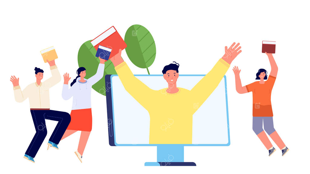 افراد خوشحال با کتاب: دانش‌آموزانی که کتاب می‌خوانند و می‌پرند - مفهوم کتابخانه آنلاین برای آموزش در دانشگاه یا مدرسه