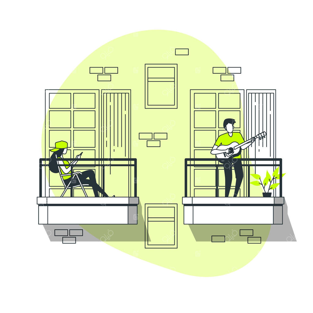 تصویر مفهومی افرادی که در بالکن به فعالیت‌های تفریحی می‌پردازند