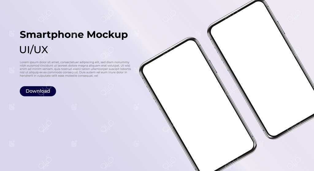 ماکاپ دو گوشی موبایل چرخیده برای ارائه رابط و تجربه کاربری. قالب گوشی هوشمند.