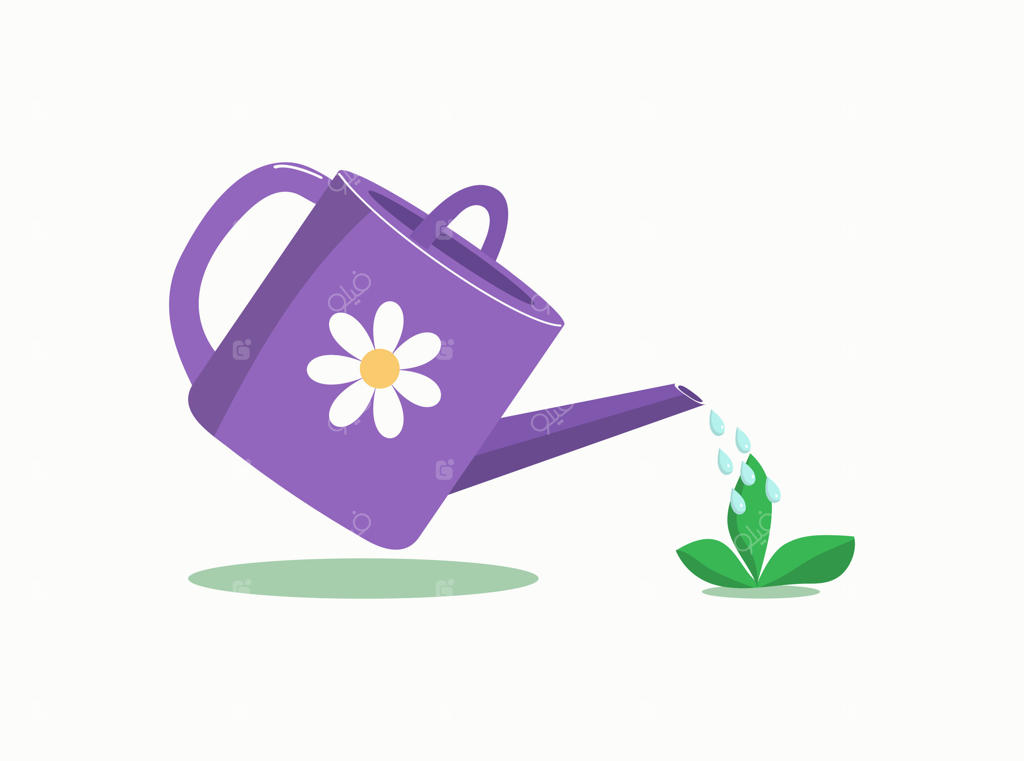 آبپاش باغ برای آبیاری گیاهان. قطرات آب. باغ، باغچه، نگهداری گیاهان خانگی. گل‌آرایی و باغبانی. نماد کشاورزی بر روی زمینه سفید.