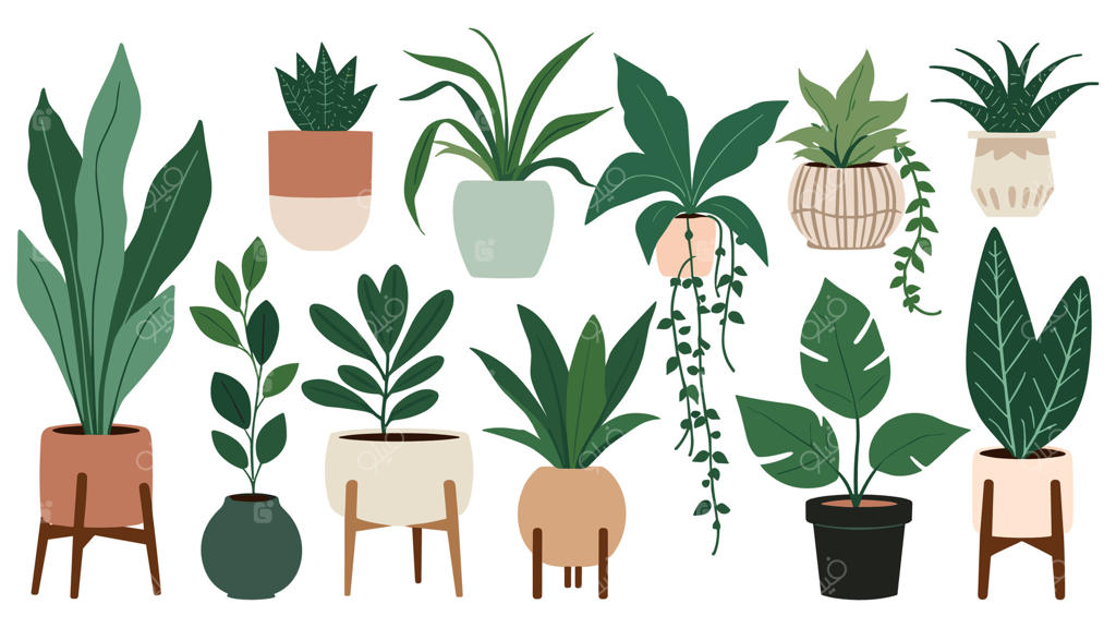 مجموعه گیاهان گلدانی همراه با گلدان‌های پلاستیکی زینتی و سبدهای آویز برای دکوراسیون داخلی در کلکسیون باغ شهری.