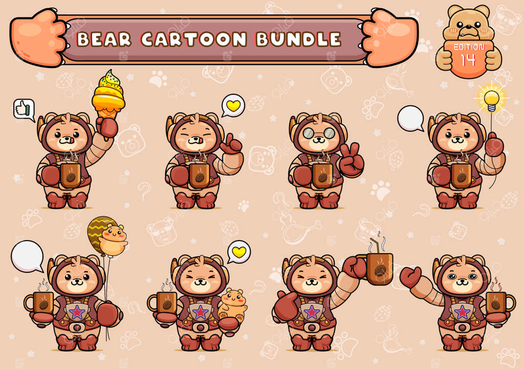 مجموعه تصاویر بامزه خرس فضانورد با یک فنجان قهوه و وسایل دیگر