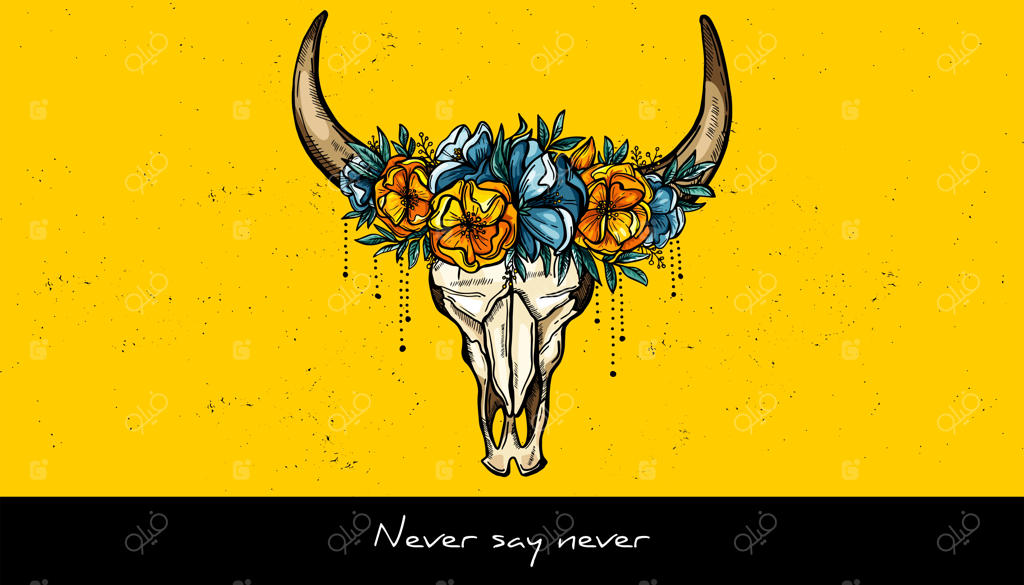 طراحی تتو جمجمه حیوان با حلقه‌ای از گل‌ها.