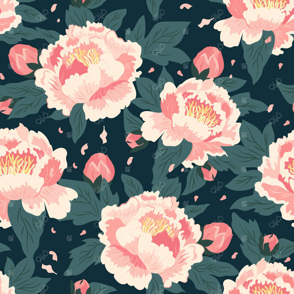 پترن یکپارچه بهاری با دسته گل صد تومانی در پس‌زمینه تیره. دست‌نوشته‌ای مدرن از گل‌های تابستانی باغ. کاغذ دیواری ساده برای پارچه، چاپ، دعوت‌نامه و جلدها.