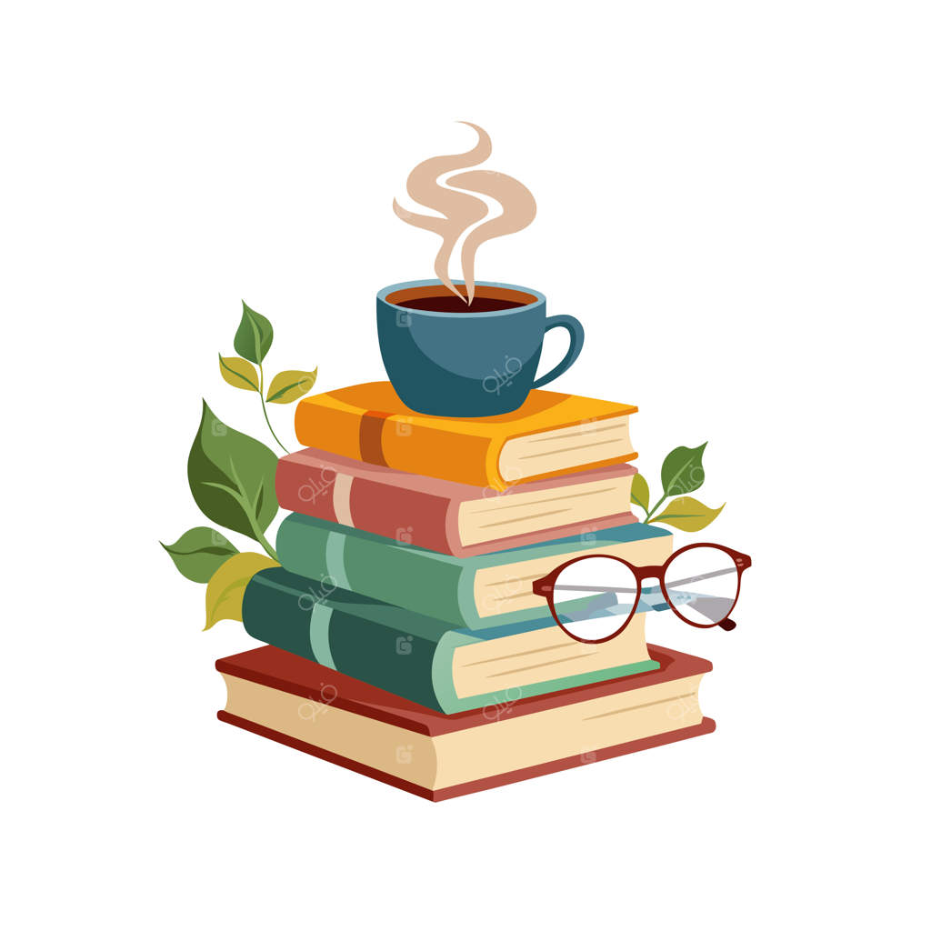 یک دسته کتاب با یک فنجان قهوه روی آن‌ها