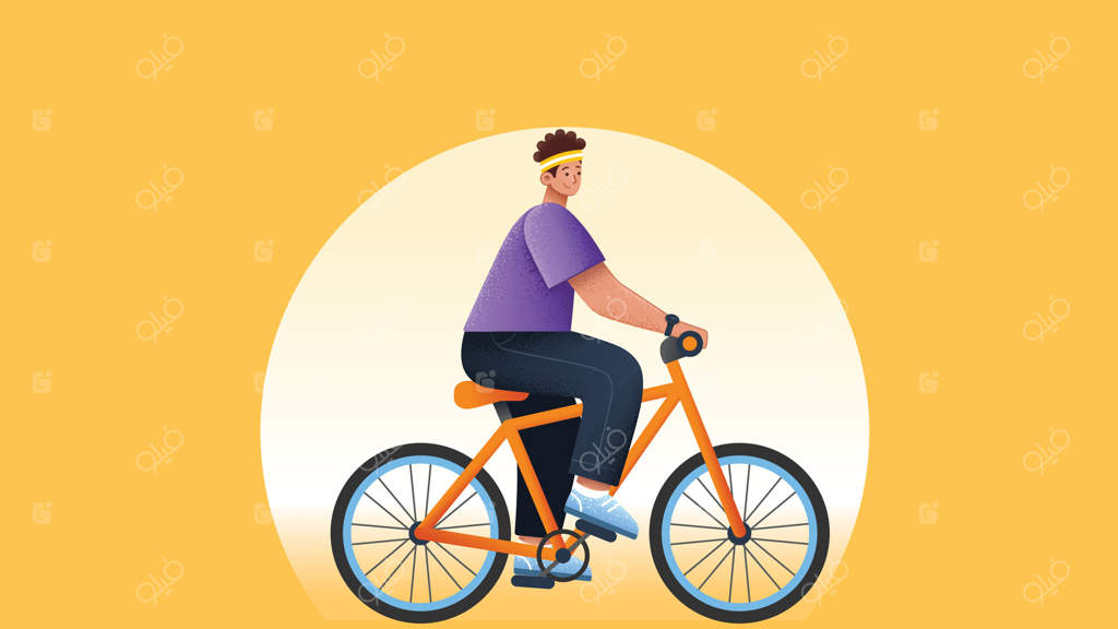 مردی در تابستان در باغ دوچرخه سواری می‌کند