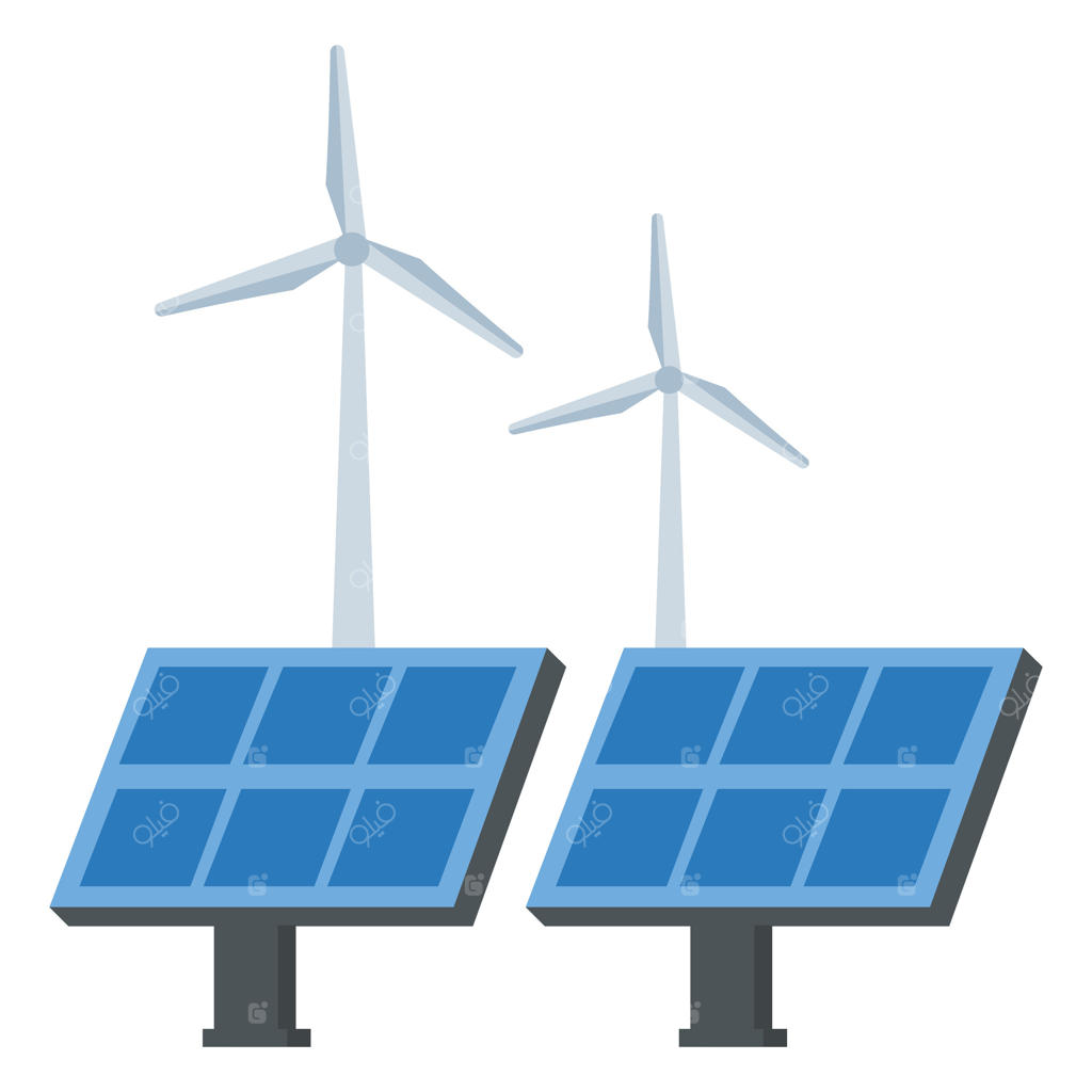 انیمیشن پنل‌های خورشیدی با پس‌زمینه توربین‌های بزرگ بادی. آسیاب‌های بادی. مفهوم انرژی پاک، انرژی سبز، انرژی تجدیدپذیر