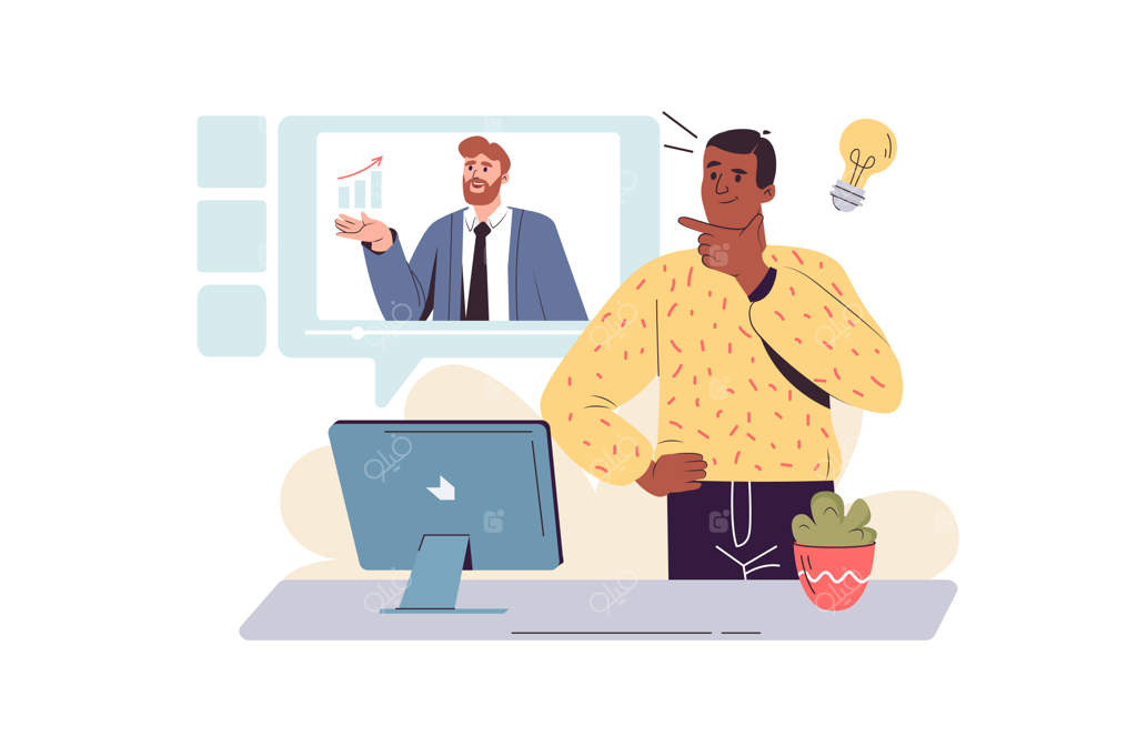 مفهوم وبینار تجاری با صحنه‌ای کارتونی مردی که تمام جزئیات را می‌آموزد