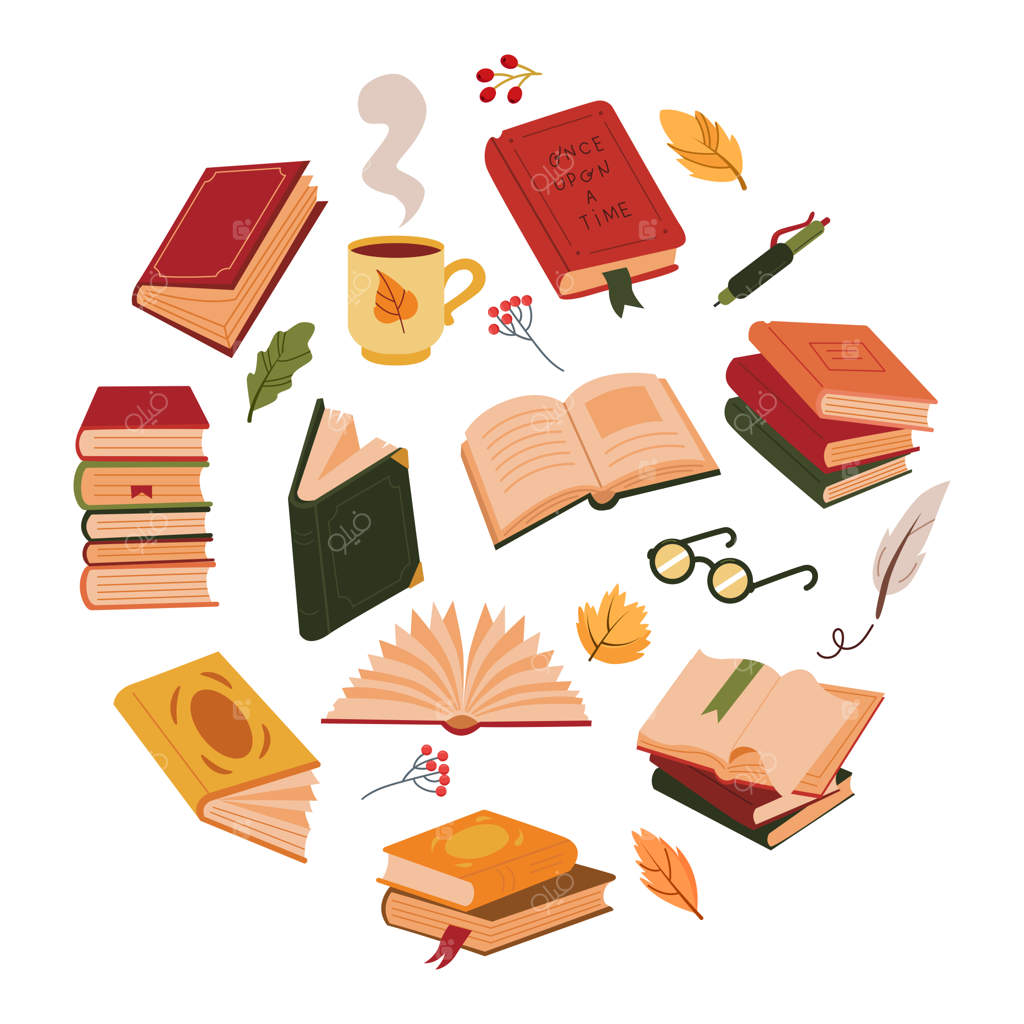 مجموعه کتاب‌ها و نمادهای آموزشی پاییزی - تصویرسازی فصل به صورت برداری