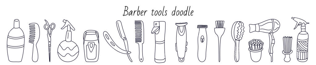 مجموعه ابزار آرایشگری: تیغ دستی، شانه تخت، برس‌ها، اسپری، ماشین اصلاح، تریمر. تصویرسازی دستی با جوهر سیاه روی زمینه سفید. استایل دودل. عالی برای آرایشگاه‌ها.