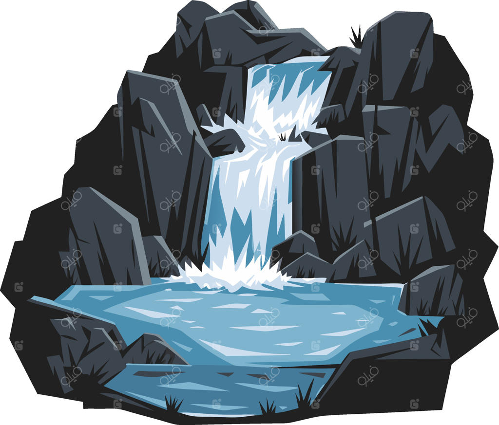 تصویرسازی آبشار جاری از روی صخره‌های تیره به درون حوضچه