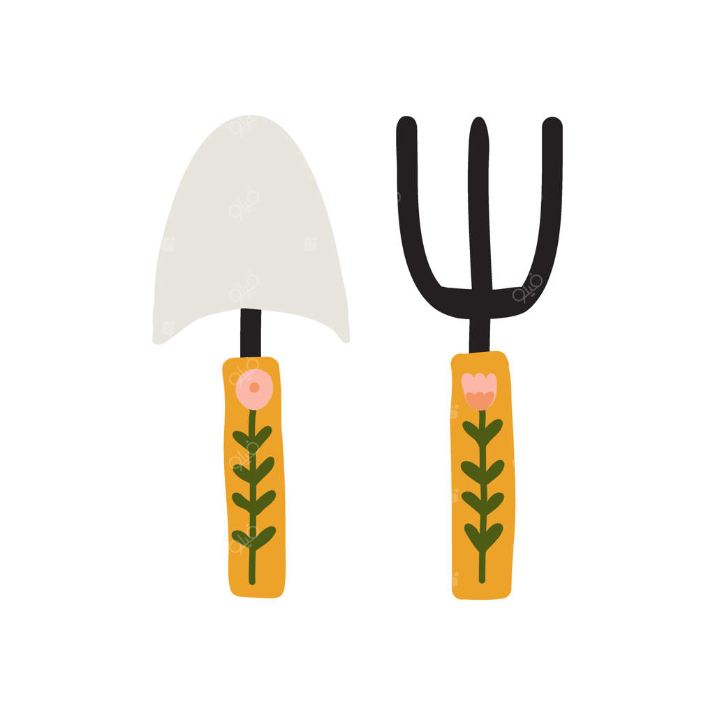 عناصر دستی کشیده باغ: بیل و چنگک با تصویرسازی گل‌ها.