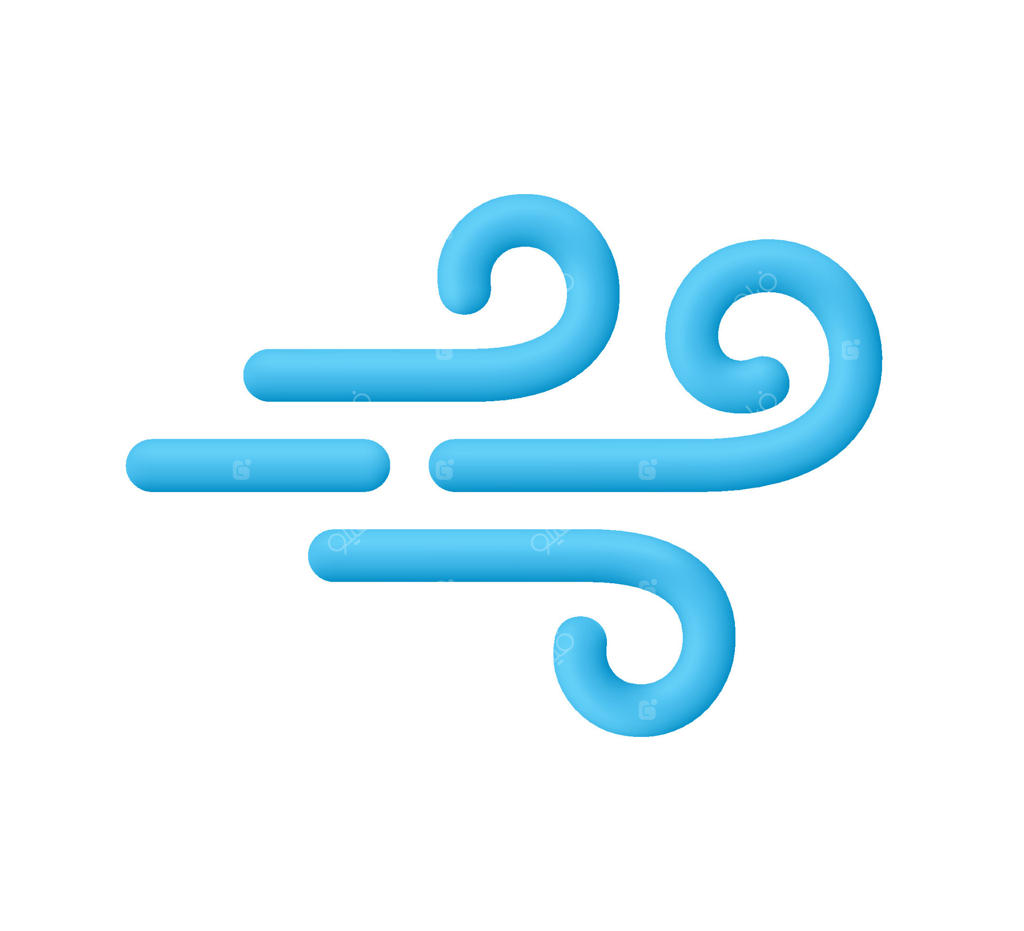 چرخش نسیم آبی، نماد جریان هوا. مفهوم آب و هوا، هواشناسی و پیش‌بینی. نماد سه‌بعدی به سبک کارتونی و مینیمال.