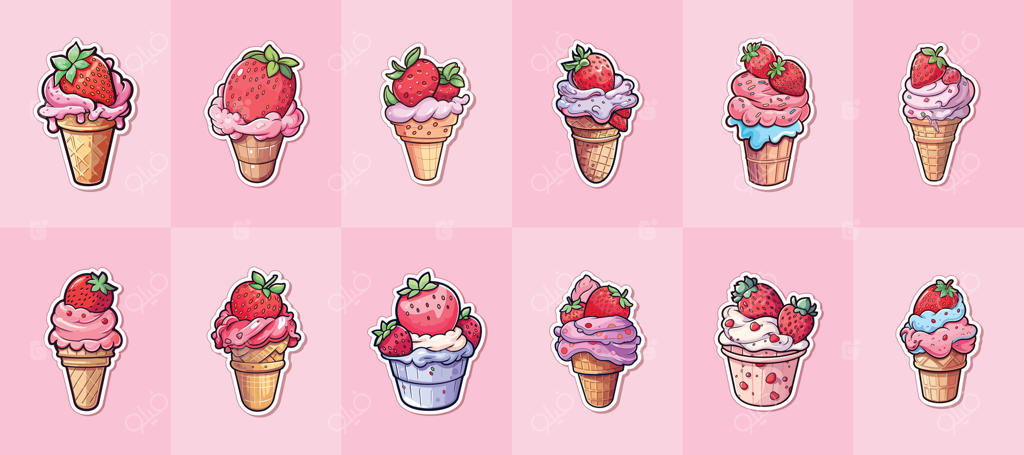 مجموعه‌ای از برچسب‌ها و تصاویر کیوت بستنی توت‌فرنگی با رنگ‌های جذاب و شاد