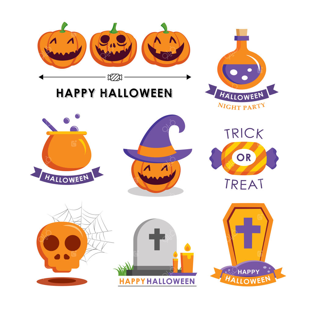 مجموعه نمادهای هالووین در طراحی تخت. نمادها برای وب‌سایت، چاپ، مجله، برچسب و نشان.