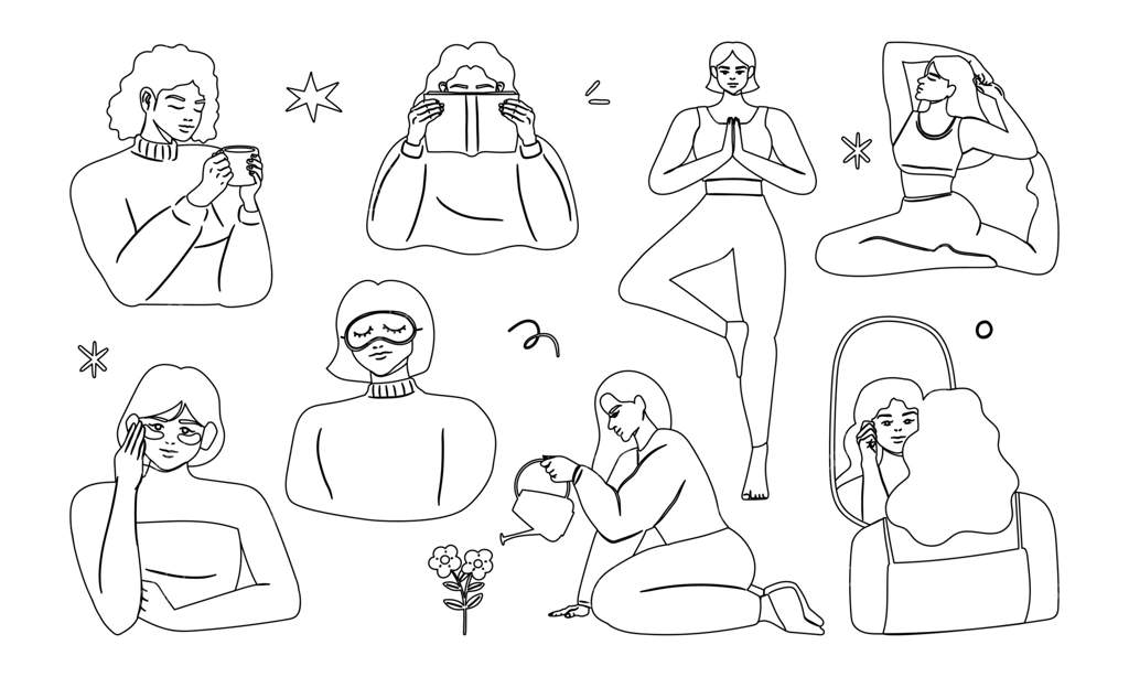 تصویری از سرگرمی‌های مراقبت از خود زنان شامل روال‌های روزانه مانند خوابیدن، نوشیدن، خواندن، آبیاری باغ و یوگا - تشویق به عشق به خود و اختصاص زمان برای آرامش و رفاه شخصی