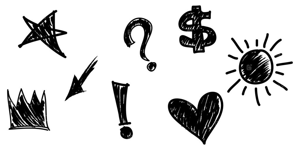 مجموعه‌ای از عناصر طراحی دستی: تاج، قلب، پیکان، ستاره، دلار، علامت تعجب و خورشید برای طراحی اینفوگرافیک