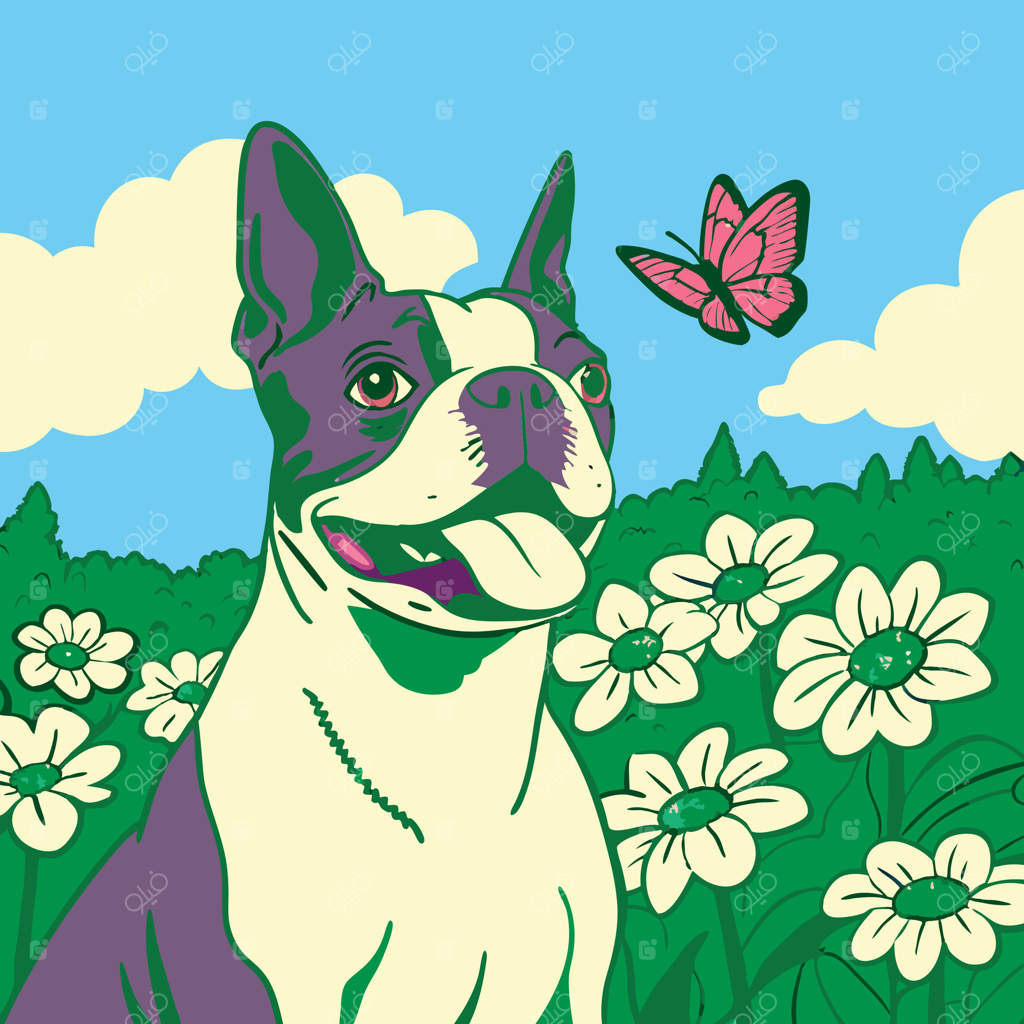 بوستون تریر در باغ گل‌ها