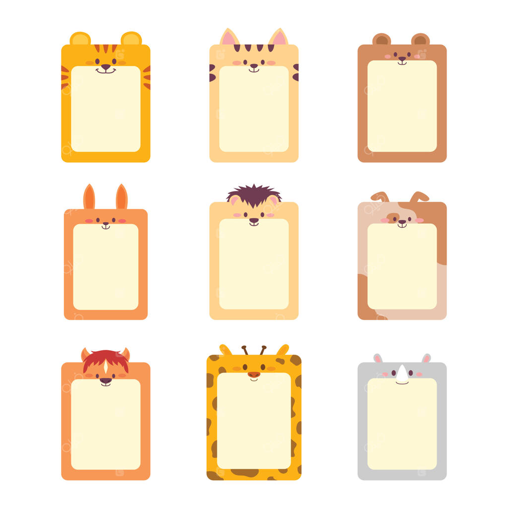 مجموعه بنرهای کادر متن خالی با سرهای کارتونی حیوانات بامزه. آواتارهای حیات‌وحش شامل ببر، خرس، کرگدن، گربه، اسب، زرافه، خرگوش، سگ و جوجه‌تیغی. مجموعه‌ای از آیکون‌های سبک تخت.
