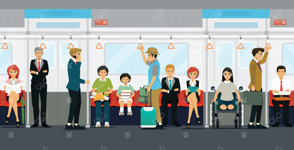 مسافران در مترو ایستاده و نشسته‌اند