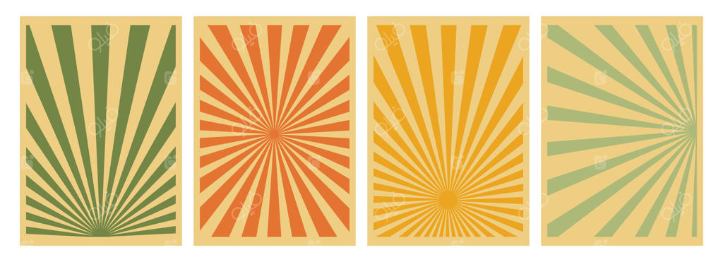 پوستر مجموعه تابش خورشید. پس‌زمینه‌ای با الگوی چرخشی و انتزاعی. مفهوم رنگ کاراملی. تابش‌های خورشید در سبک وینتیج. سبک رترو.