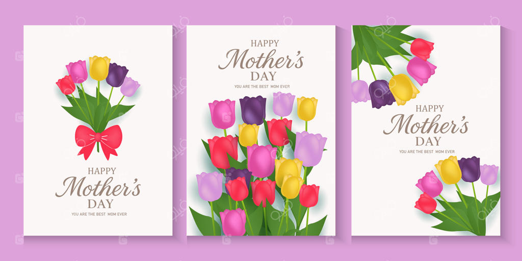 مجموعه پوستر و بنر کارت تبریک روز مادر با گل‌ها بر زمینه بنفش