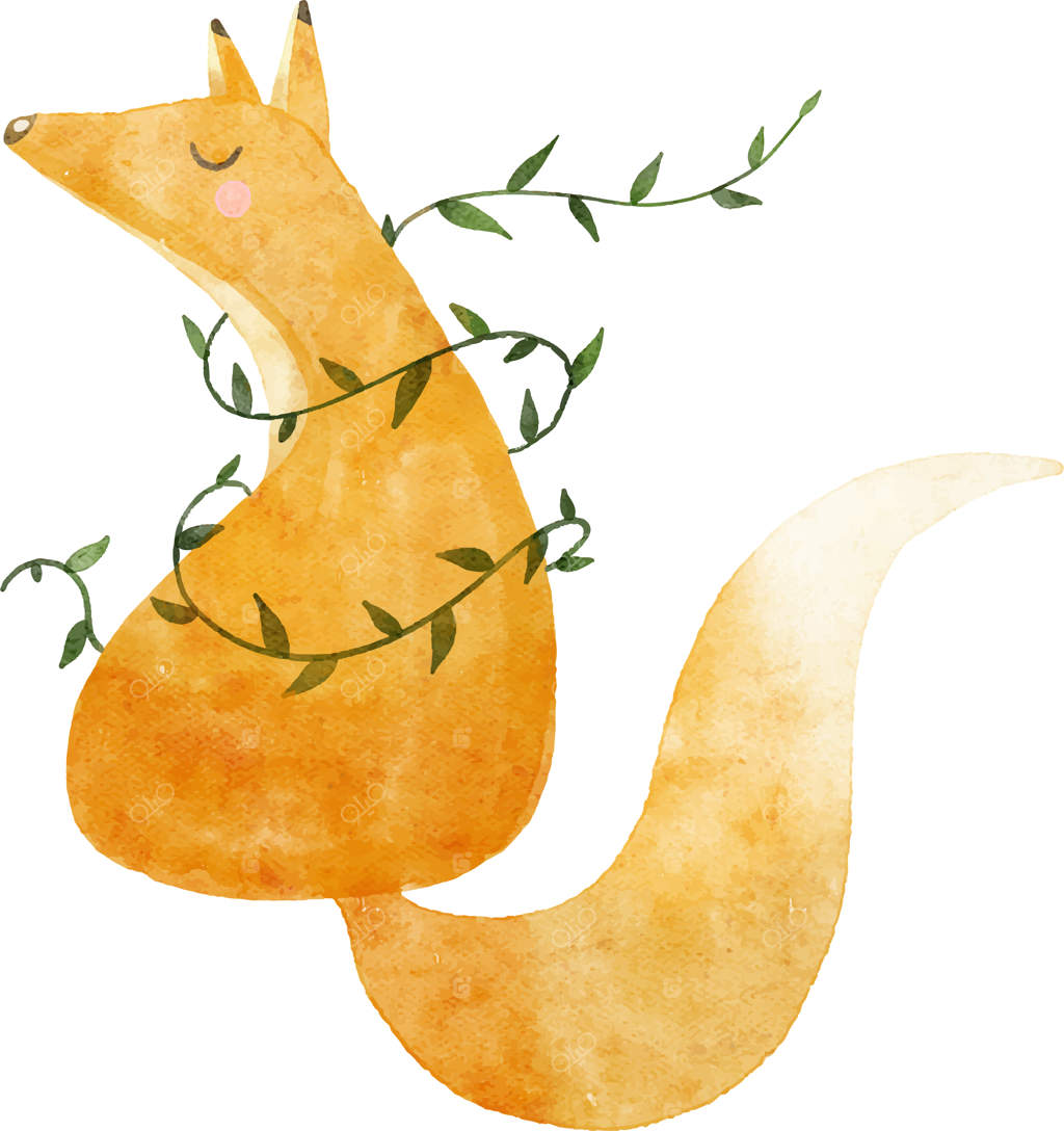 تصویر چاپی آبرنگی روباه قرمز و نارنجی با دم و برگ‌ها