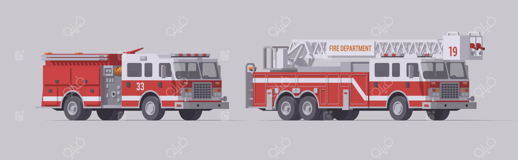 مجموعه کامیون آتش‌نشانی قرمز: خودروی نوع ۱ امداد و نجات و خودروی نردبان‌دار امداد و نجات.