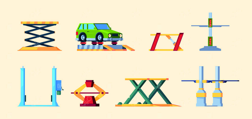 بالابر خودرو برای تعمیرگاه: مجموعه تصاویر تخت و رنگارنگ از فرآیندهای هیدرولیک و خدمات خودرو