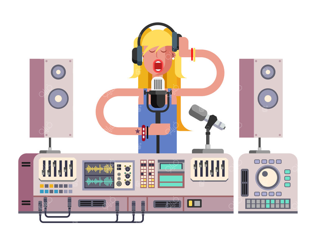 دختری در حال آواز خوانی در استودیو ضبط صدا