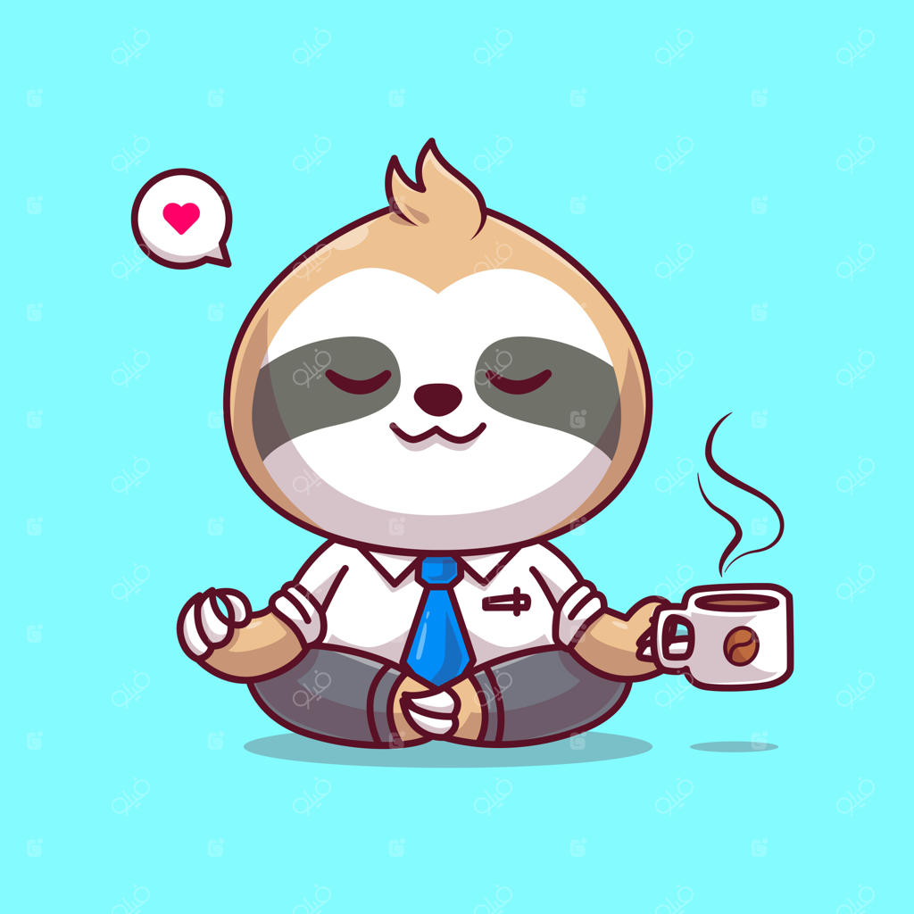 آیکون وکتور کارتونی یوگا و مدیتیشن تنبل بامزه با قهوه - آیکون کسب‌و‌کار حیوانات