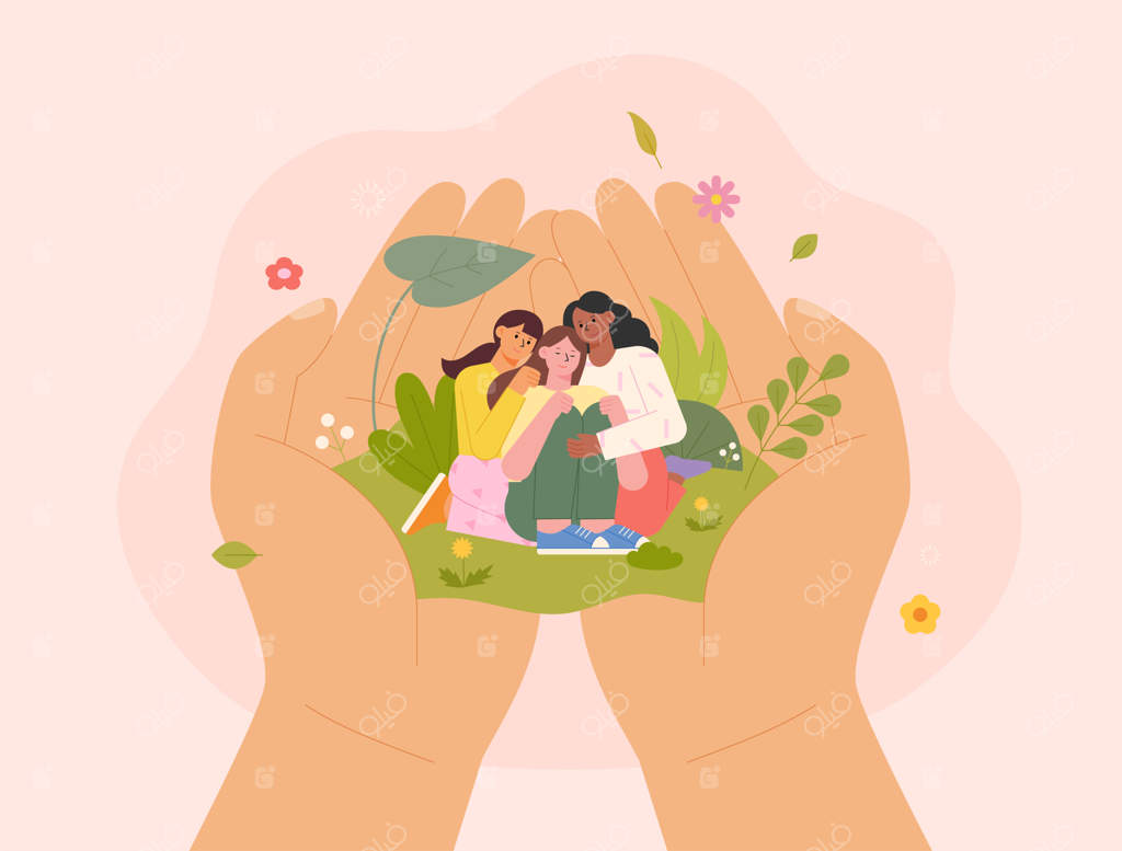 سه دوست روی دست‌های بزرگی نشسته‌اند. دو زن در حال در آغوش گرفتن و دلداری دادن به یک زن دیگر.