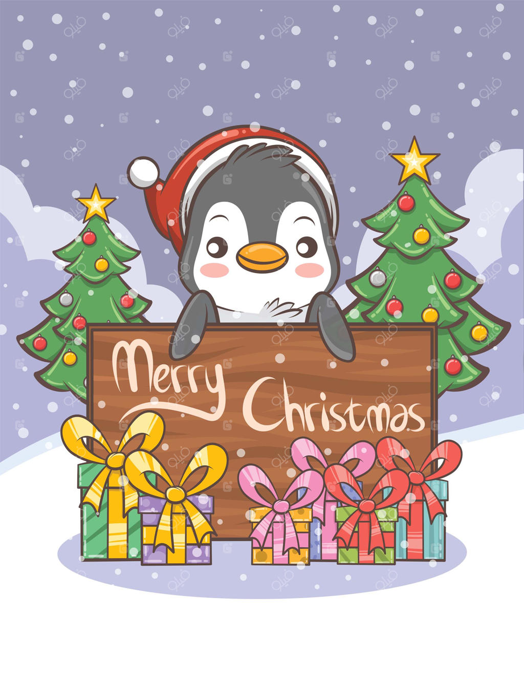 شخصیت کارتونی پنگوئن بامزه - تصویرسازی کریسمس