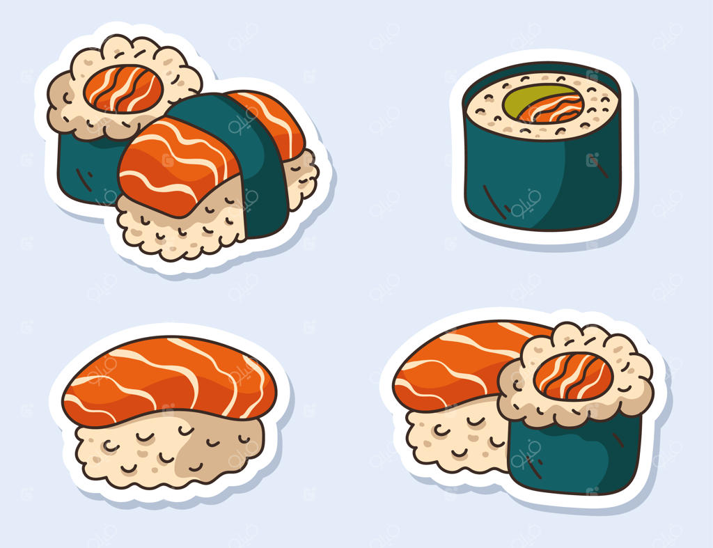 استیکرهای رول سوشی با طراحی کارتونی روی پس‌زمینه سفید