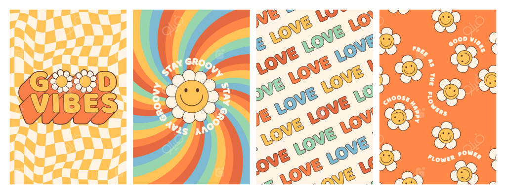 پوسترهای خَطیر دهه ۷۰ با سبک کارتونی روان‌گردان و طراحی گل‌گون رنگین‌کمانی و عشق در سبک شیک و قدیمی