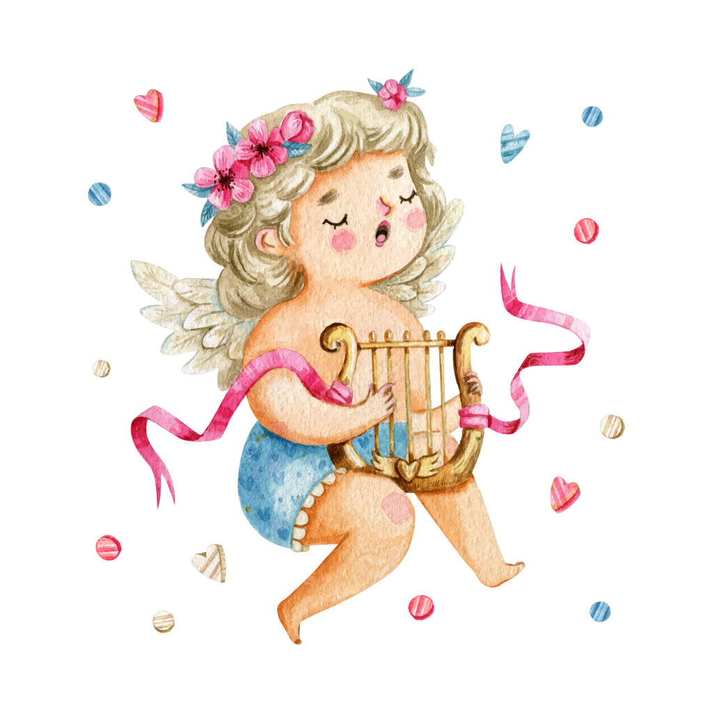 دختر بانمک فرشته با موهای بلوند در حال نواختن چنگ و آوازخوانی
