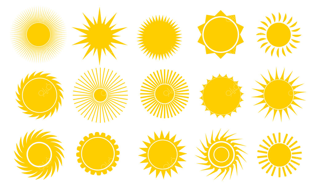 مجموعه آیکون‌های خورشید با رنگ زرد - مجموعه تصویرسازی وکتور از ترسیم‌های خورشید برای تابستان
