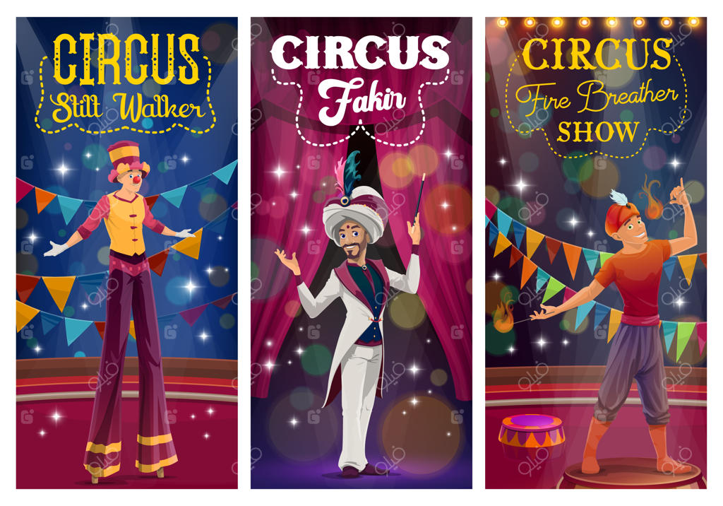 شعبده‌باز، چوب‌پا و آتش‌خوار کارتونی در حال اجرای نمایش در صحنه سیرک