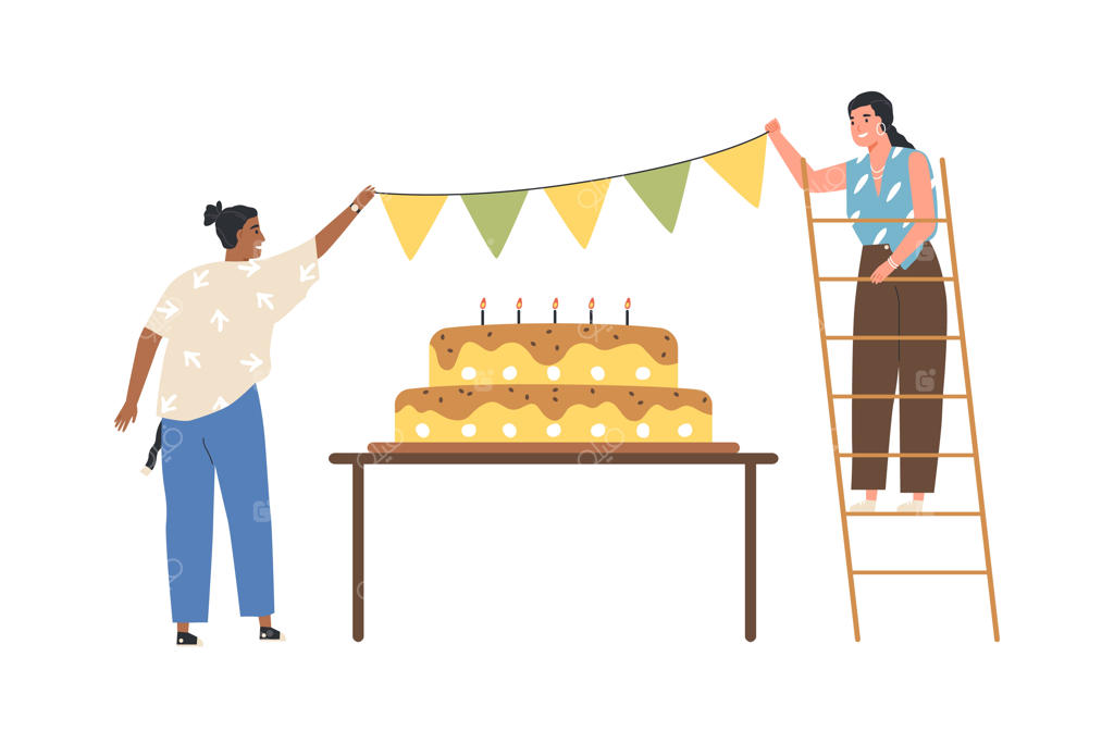 افراد شاد در حال آماده‌سازی برای جشن تولد با کیک بزرگ. زن‌های خوشحال در حال تزئین و آویزان کردن ریسه‌های کاغذی جشن. تصویرسازی رنگی و ساده.