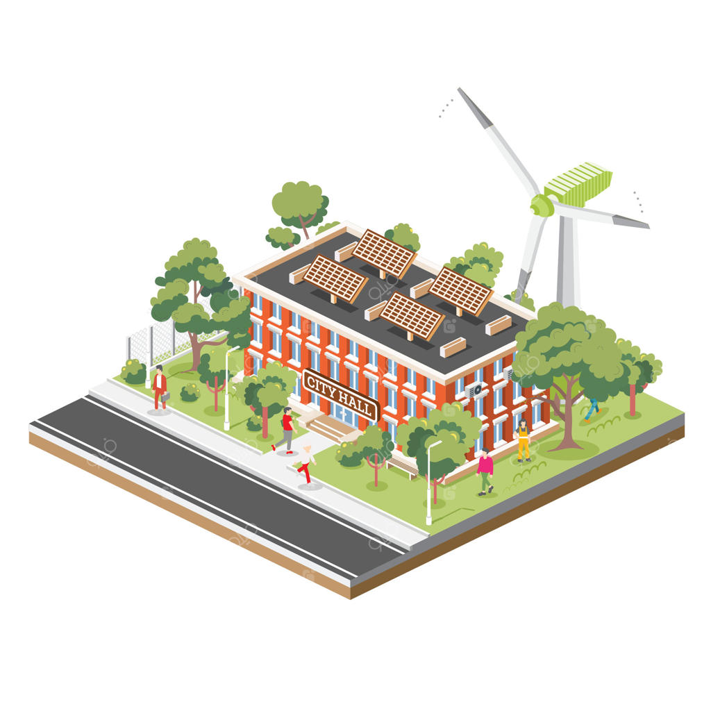 تصویر ایزومتریک ساختمان شهرداری یا تالار شهر با پنل‌های خورشیدی و توربین بادی. ساختمان به‌صورت ایزوله بر روی زمینه سفید. درختان و نیمکت‌ها. مفهوم اکولوژی.