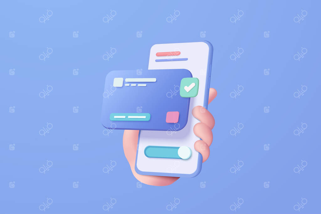 امنیت مالی کارت اعتباری سه‌بعدی برای خرید آنلاین: مفهوم حفاظت از پرداخت و پرداخت آنلاین با رندر سه‌بعدی و مفهوم امنیت موبایلی برای کسب‌وکار و امور مالی