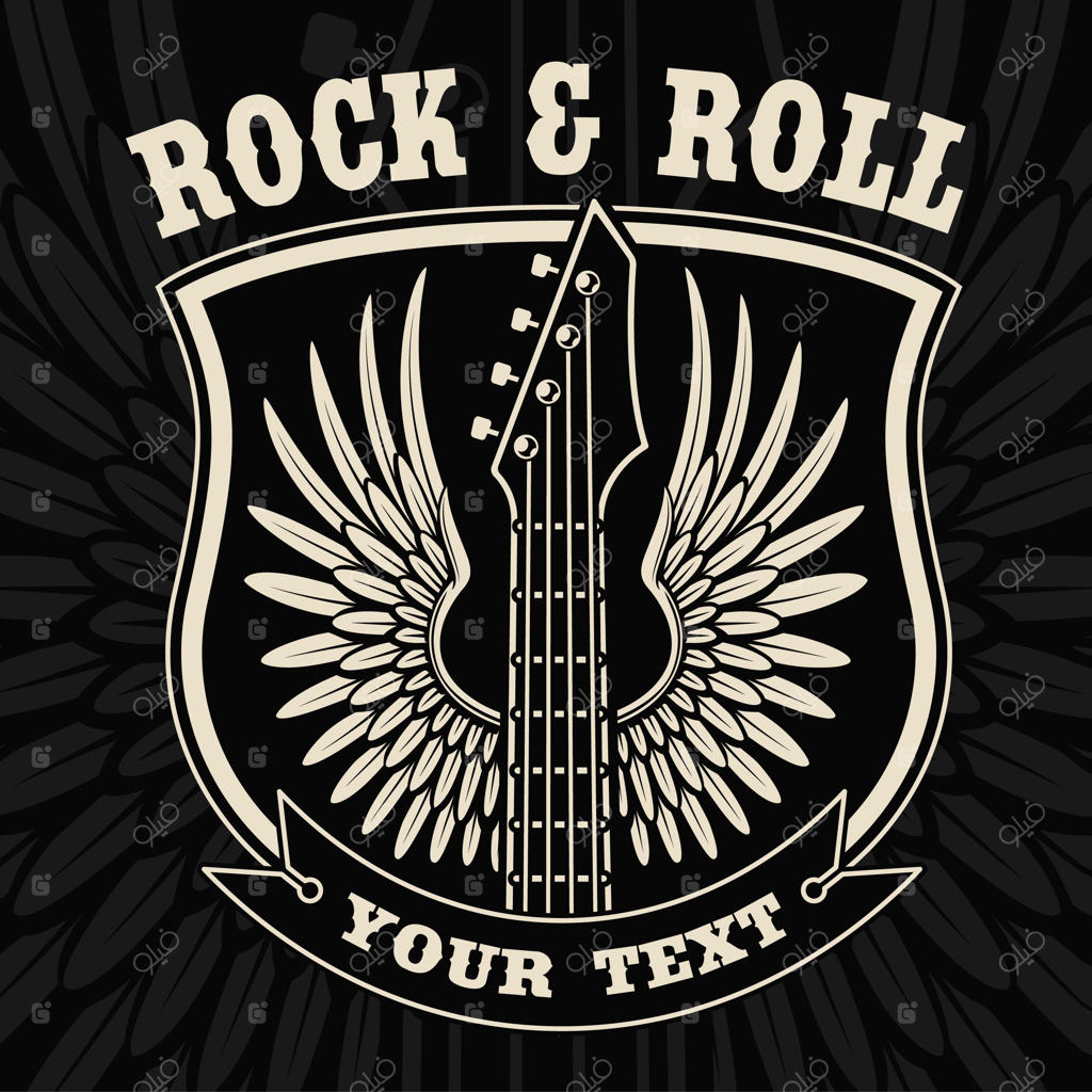 نشان قدیمی گیتار با بال‌ها روی پس‌زمینه تاریک. متن به‌صورت جداگانه قرار دارد.