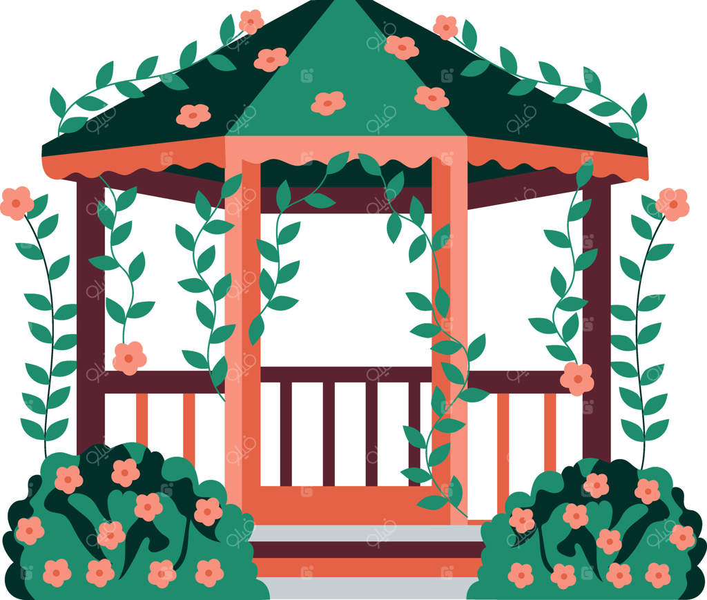 آلاچیق باغ با تزئین بوته‌های گل، تصویرسازی به سبک تخت