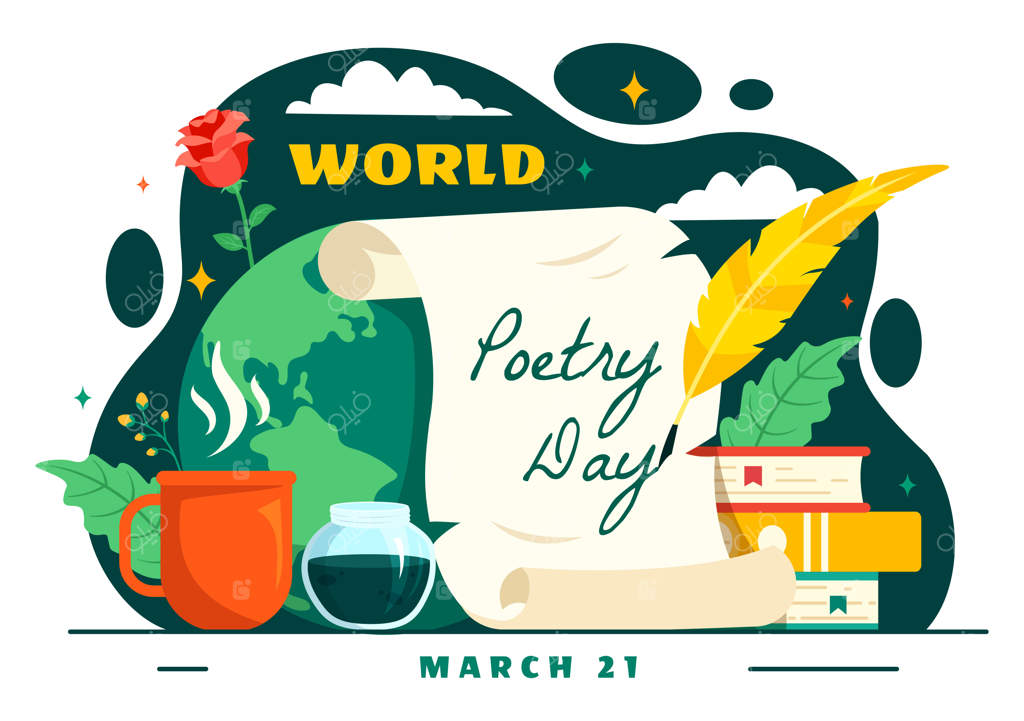 تصویرسازی روز جهانی شعر در ۲۱ مارس با قلم، کاغذ، ماشین تحریر و کتاب در پس‌زمینه کارتونی ساده برای نوشتن در ادبیات